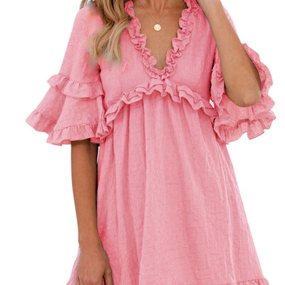 

Women Sexy V Collar Long Sleeve Temperament Ruffled Straps Hollow Dress Slim Waist Short Skirt