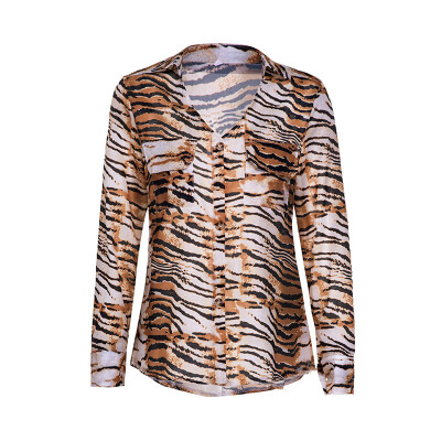 

UK Womens Ladies V Neck Leopard Printed Long Sleeve Loose Shirts Tops Blouses