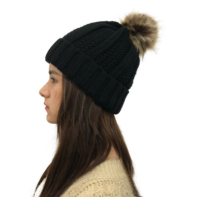 

Tailored Women Autumn Winter Outdoor Faux Fur Ball Hats Crochet Knit Holey Beanie Cap