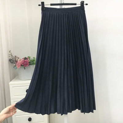 

Autumn Winter Women Pleated Skirt Elastic High Waist Long Skirts Casual Vintage A-line Suede Party Skirt Ladies Black Pink