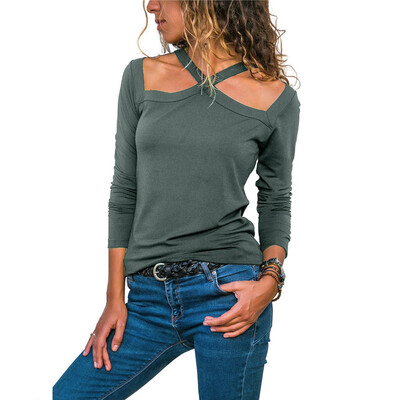 

Nomeni Women Autumn Solid O-Neck Halter Casual T shirt Long Sleevet Tops Blouse Shirt