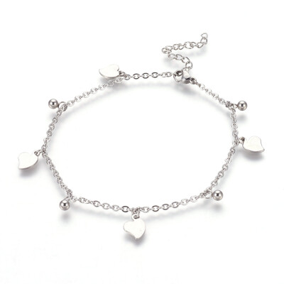 

304 Stainless Steel Charm Anklets Heart&Round Stainless Steel Color 9-14"235cm 2mm