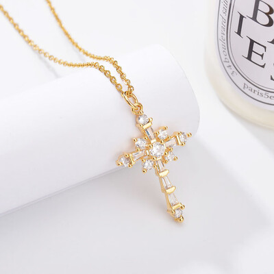 

New Gold Copper CZ Zircon Christian Crosses Pendant Necklace For Women Beautiful Fashion Chains Crucifix Dangle Choker Necklaces