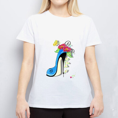 

Starmoon Women Personality High Heel Cartoon Print Round Neck Short Sleeved White T-shirt