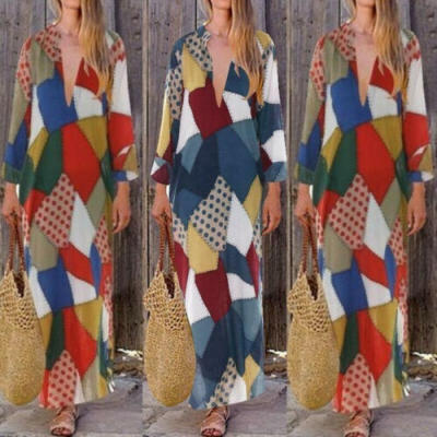 

Women Boho Linen Baggy Gypsy Kaftan V-neck Loose Long Maxi Beach Dress Vacation