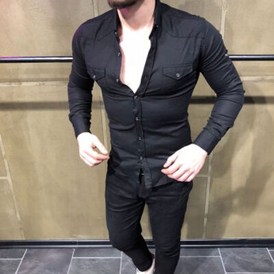 

New Mens Luxury Casual Long Sleeve Dress T Shirts Slim Fit Denim Shirt Tops