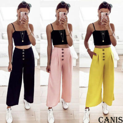 

Womens Button Wide Leg Flared Pants High Waist Casual Palazzo Loose Trousers