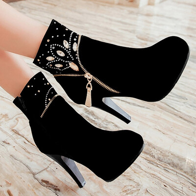 

Rose Womens Crystal Solid Zip Round Ankle Boots Platform Toe High Heels Casual Shoes