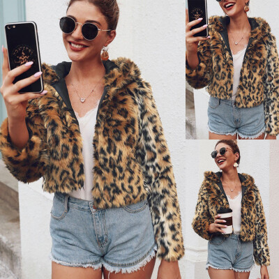 

Toponeto Womens Ladies Warm Faux Fur Coat Jacket Leopard Hooded Outerwear