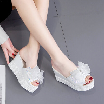 

Slippers for summer wear netted yarn bows thick soles high heels sloping heels&fishmouth sandals