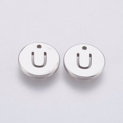 

304 Stainless Steel Charms Flat Round with Letter Stainless Steel Color LetterU 10x1mm Hole 1mm