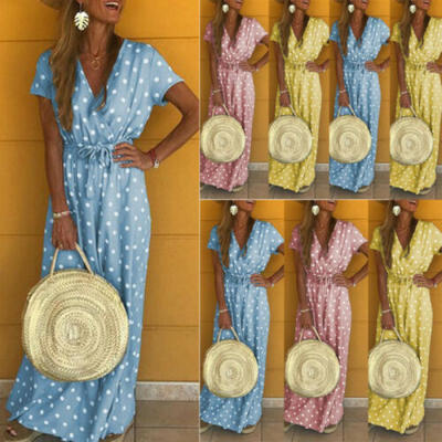 

Women Boho Short Sleeve Polka Dot V Neck Midi Dress Ladies Summer Wrap Dresses