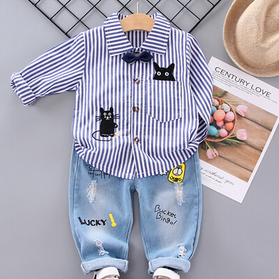 

Autumn Baby Boys Casual Long Sleeve Striped Cat Print Shirt Blouse TopsDenim Pants Trouser Set