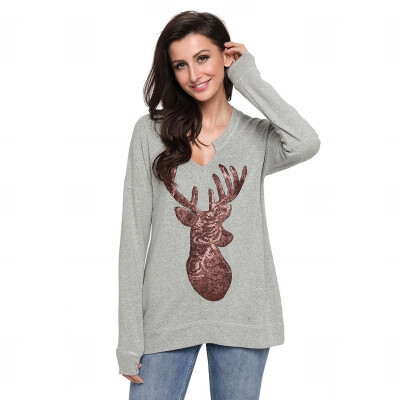 

V-neck long-sleeved reindeer pattern sequined shirt casual straight top