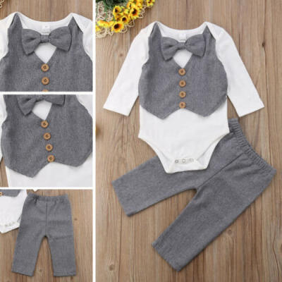 

US Newborn Baby Boy Gentleman Outfit Bow Tie Top RomperPants 2PCS Party Clothes