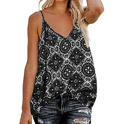 

Nomeni Women Sling V Neck Sleeveless Strap Print Down Front Casual Loose Shirts Tops