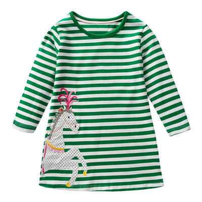 

Girls Kids Embroidery Horse Cute Stripe Dresses Long Sleeve Cotton Tops