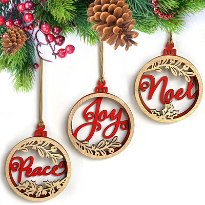 

3pcs Wood Chip Christmas Pendants Ornaments Xmas Tree Decorations For Home Party