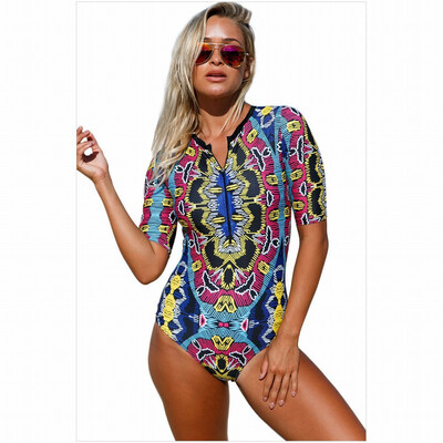 

Blue zipper printed half-sleeve bikini one-piece swimsuit