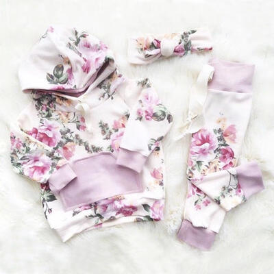 

Fashion Newborn Baby Girls Floral Hooded Tops Pants 2Pcs Outfits Set Clothes