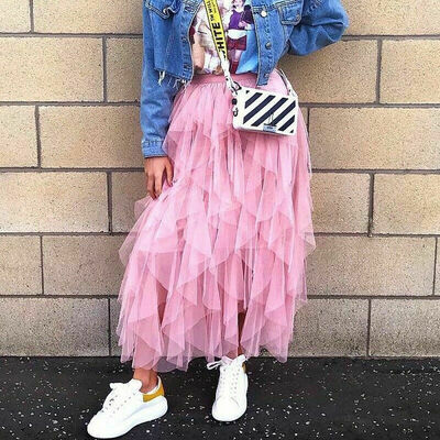 

Women Lady Tulle Mesh Skirt Elastic High Waist Layers Pleated Maxi Long Dress