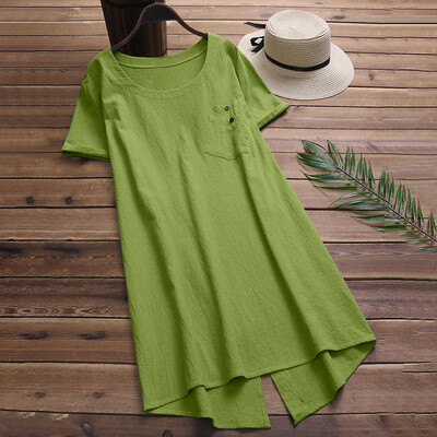 

Nomeni Women Casual Loose Linen Irregular Soild Pocket Button Tanic Shirt Blouse Tops