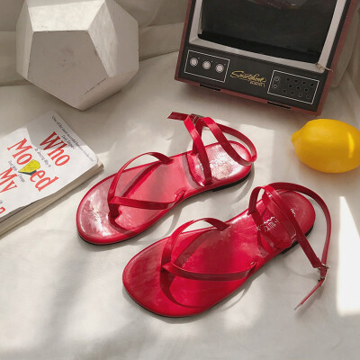 

Simple 100-band flat-soled open-toed sandals with one-word button&pin-toe womens shoes of the same style