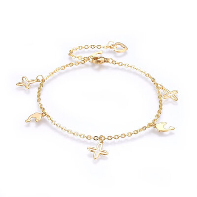 

304 Stainless Steel Charm Anklets with Lobster Claw Clasps&Cable Chains Dolphin&Cross Golden 9-78"25cm Charms 10