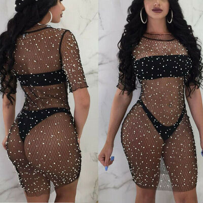 

Sexy Ladies Short Sleeve Sequins Mesh Bikini Cover Up Swimwear Bathing Dress