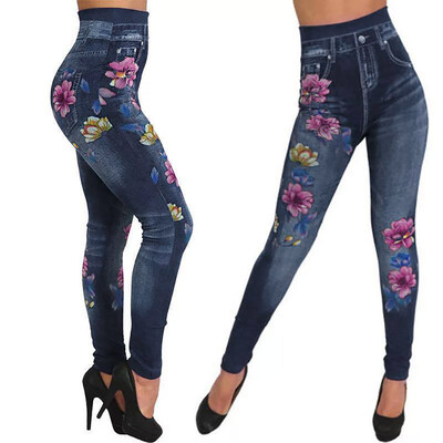 

Tailored Sexy Women Fashion Denim Like Faux Jean Slim Fit Embroidery Pants Denim Pants