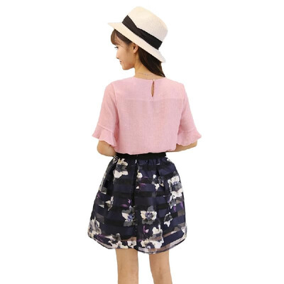 

New Fashion Women Two-Piece Set Ruffles Flare Sleeve Chiffon Tops Mesh Flower Print Strap Splicing Sweet Two-piece Suit Dress Pin