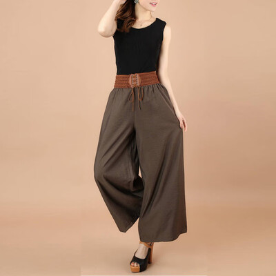 

Women Summer Solid Color Loose Wide Leg Loose Elastic High Waist Tie Straight Casual Nine Pants