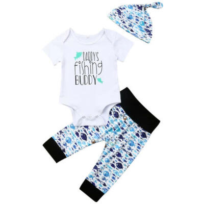 

3PCS Newborn Baby Girls Boy Tops Romper Long Pants Hat Outfits Clothes 0-18M