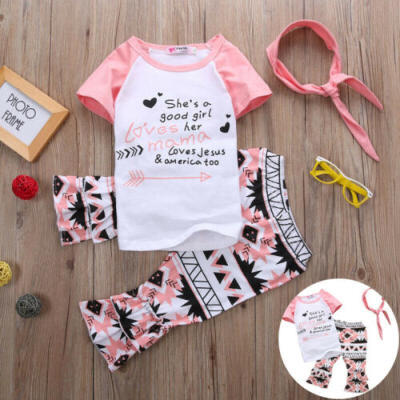 

3PCS Toddler Kids Baby Girl Pink HandbandT ShirtLong Pants Outfits Set Clothes