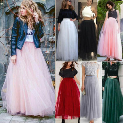 

UK Women Lady Tulle Mesh Skirt Elastic High Waist Layers Pleated Maxi Long Dress