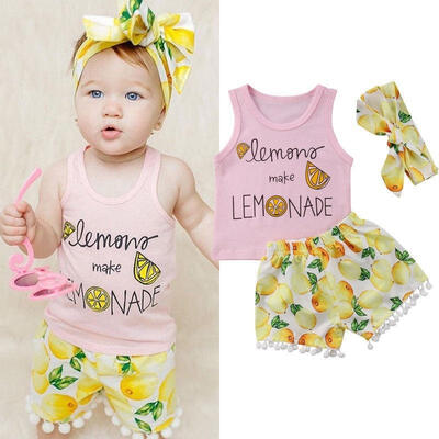 

Newborn Baby Girl Lemon Print Outfits Tops Tassel Short Pans Headband Clothes