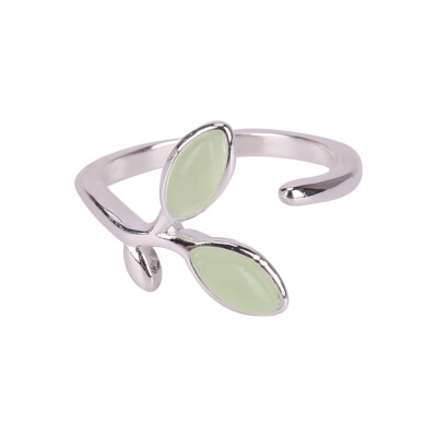 

New Silver Green Opal Leaves Buds Open Rings For Women High Quality Creative Fashion Jewelry