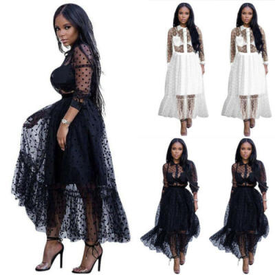 

Sexy Womens Mesh Sheer See Through Long Sleeve Wave Point Club Midi Long Dress