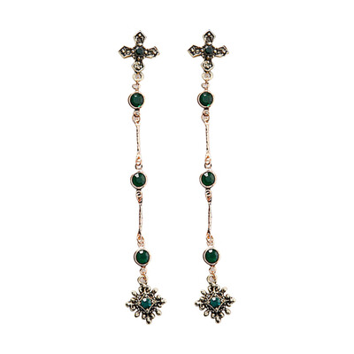 

New Retro Elegant Party Cross Earrings Long Earring Green Diamond Pendant Earrings