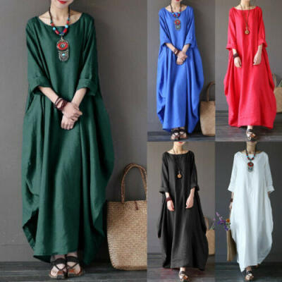 

Plus Size WOmens Casual Loose Long Sleeve Solid Baggy Maxi Gown Long Dress