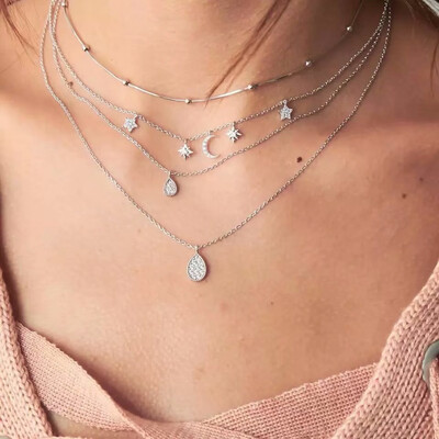 

Multi layer Gold Long Necklace Set Rhinestone Stars Shell Pendant&Necklaces For Women Choker Necklaces Party Bohemia Jewelry