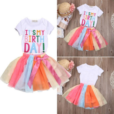 

SUNSIOM Toddler Kids Baby Girls Birthday Print T-shirt Tops Tutu Tulle Outfit SetsSkirt