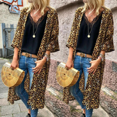 

Womens Leopard Print Loose Long Sleeves Cardigan Kimono Sweater Outwear Coats Winter Tops Blouse Jacket