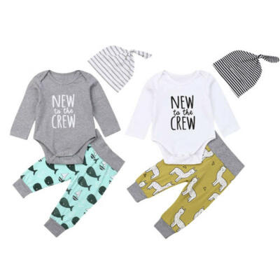

3Pcs Newborn Baby Boy Romper Jumpsuit Tops Long Pants Hat Outfits Clothes Set