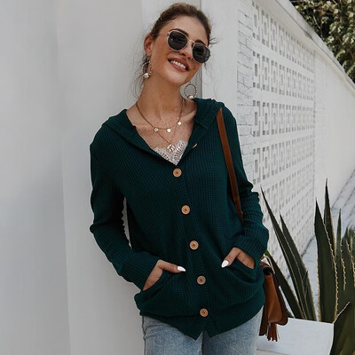 

Women Hooded Cardigan Coat Waffle Buttoned Long Sleeves Solid Spring Autumn Solid Vintage Casual Coat