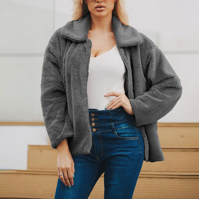 

Womens Winter Warm Fluffy Plush Coats Long Sleeve Lapel Button Jackets Overcoats