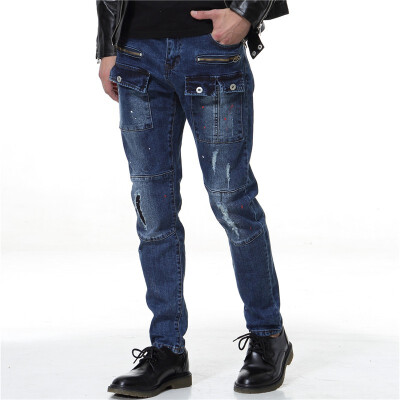 

AOWOFS Mens trousers trend washed cotton jeans Shredded Jeans Slim pants 609