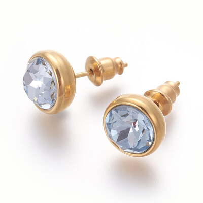 

304 Stainless Steel Ear Studs with Cubic Zirconia Flat Round Golden LightBlue 10x17mm Pin 07mm