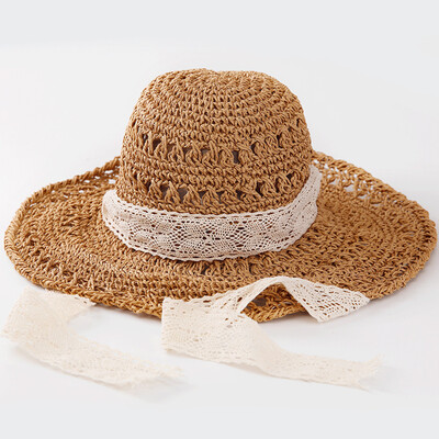 

Handmade lace straw hat summer windproof belt sun cap outdoor edge sunscreen new Korean version sun cap