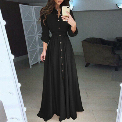 

Women Boho Long Sleeve Button Dowm Maxi Dress Evening Party Beach Bodycon Casual Shirt Dress